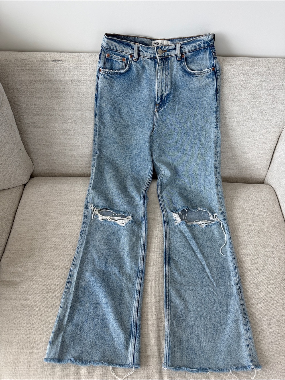 Zara Light Blue Distressed Flare Jeans